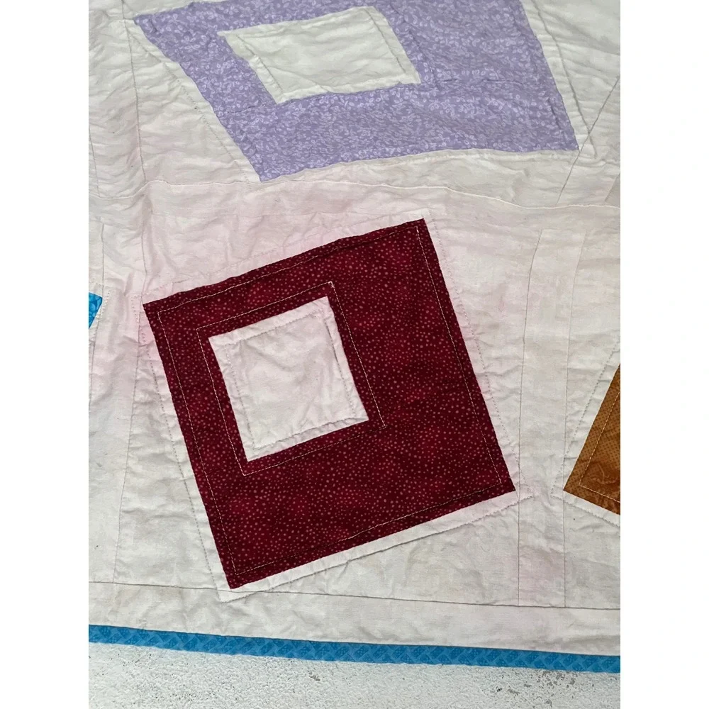 Handmade Patchwork Quilt 68x60 Colorful Geometric Twin Throw Topper Cottagecore